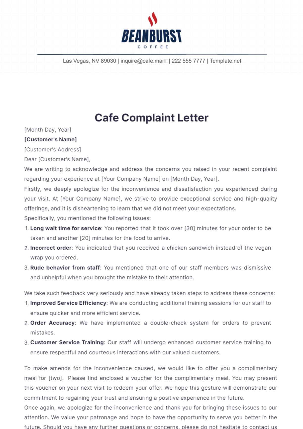 Cafe Complaint Letter Template - Edit Online & Download