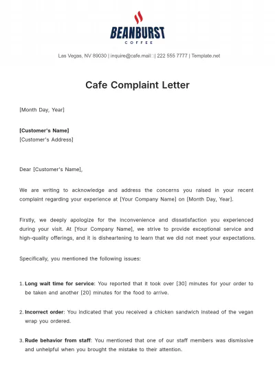 Free Cafe Complaint Letter Template to Edit Online