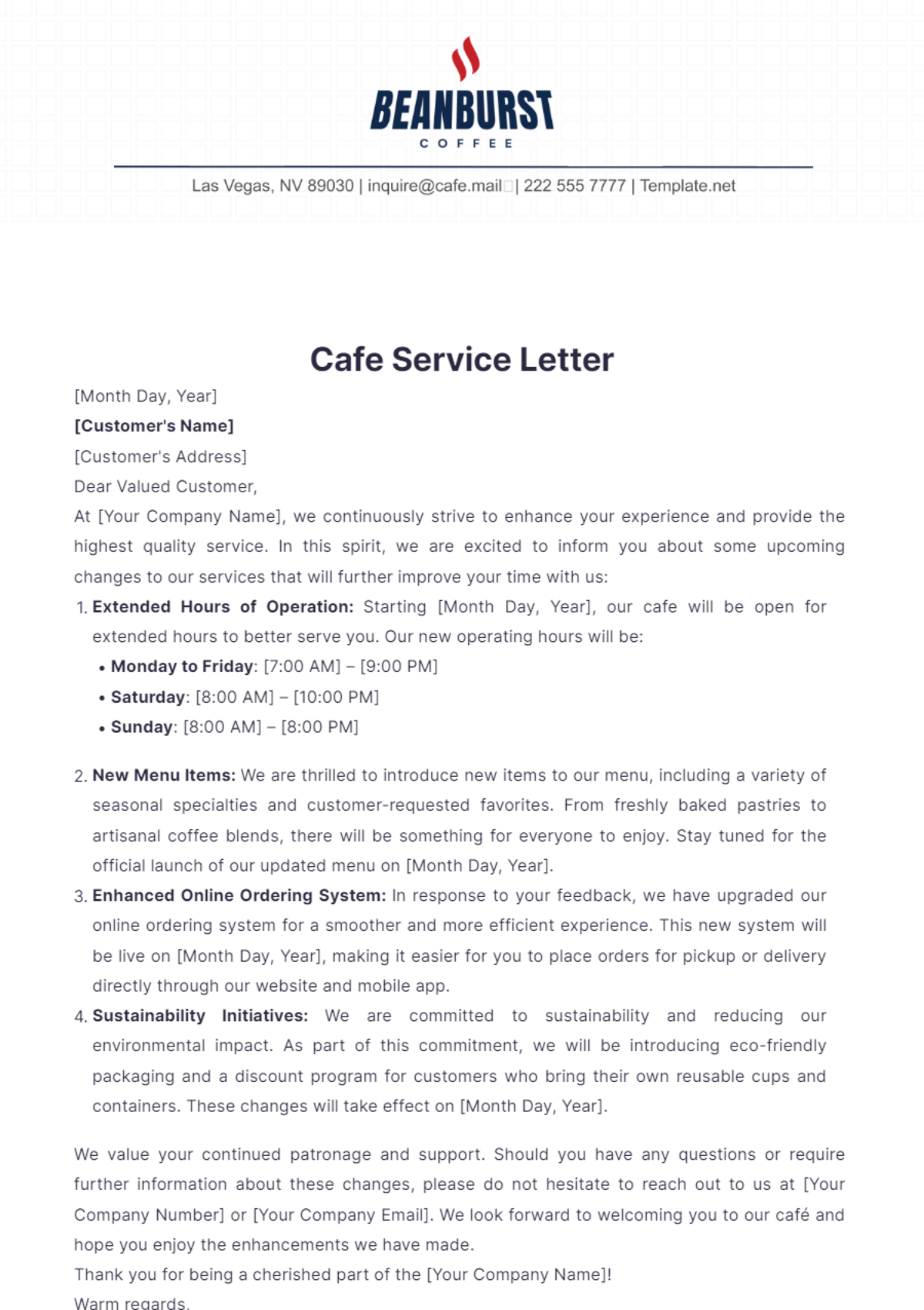 Cafe Service Letter Template - Edit Online & Download