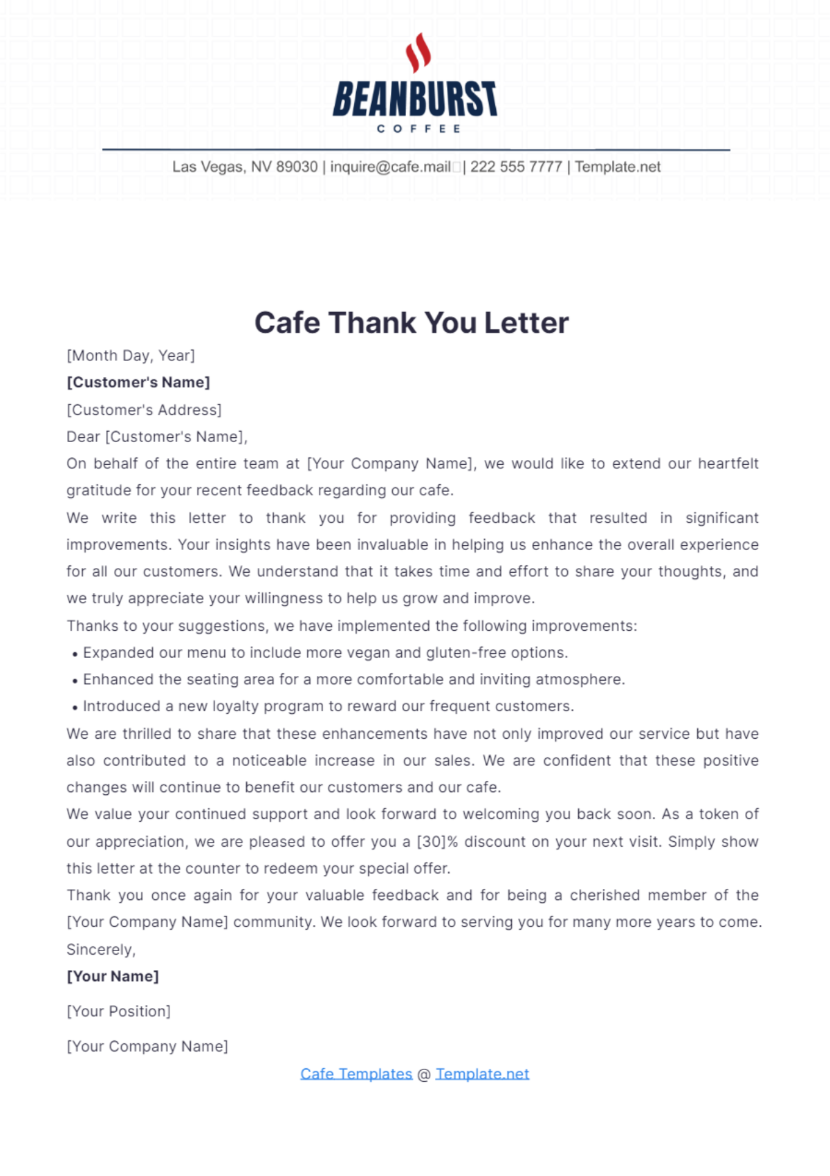 Cafe Thank You Letter Template - Edit Online & Download