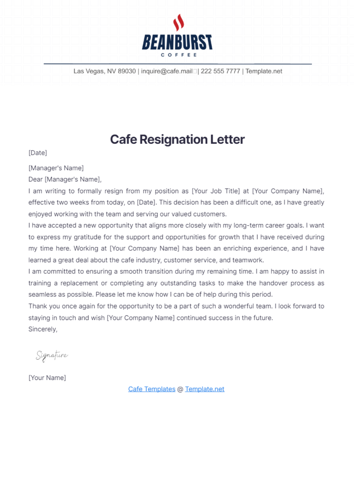 Cafe Resignation Letter Template - Edit Online & Download