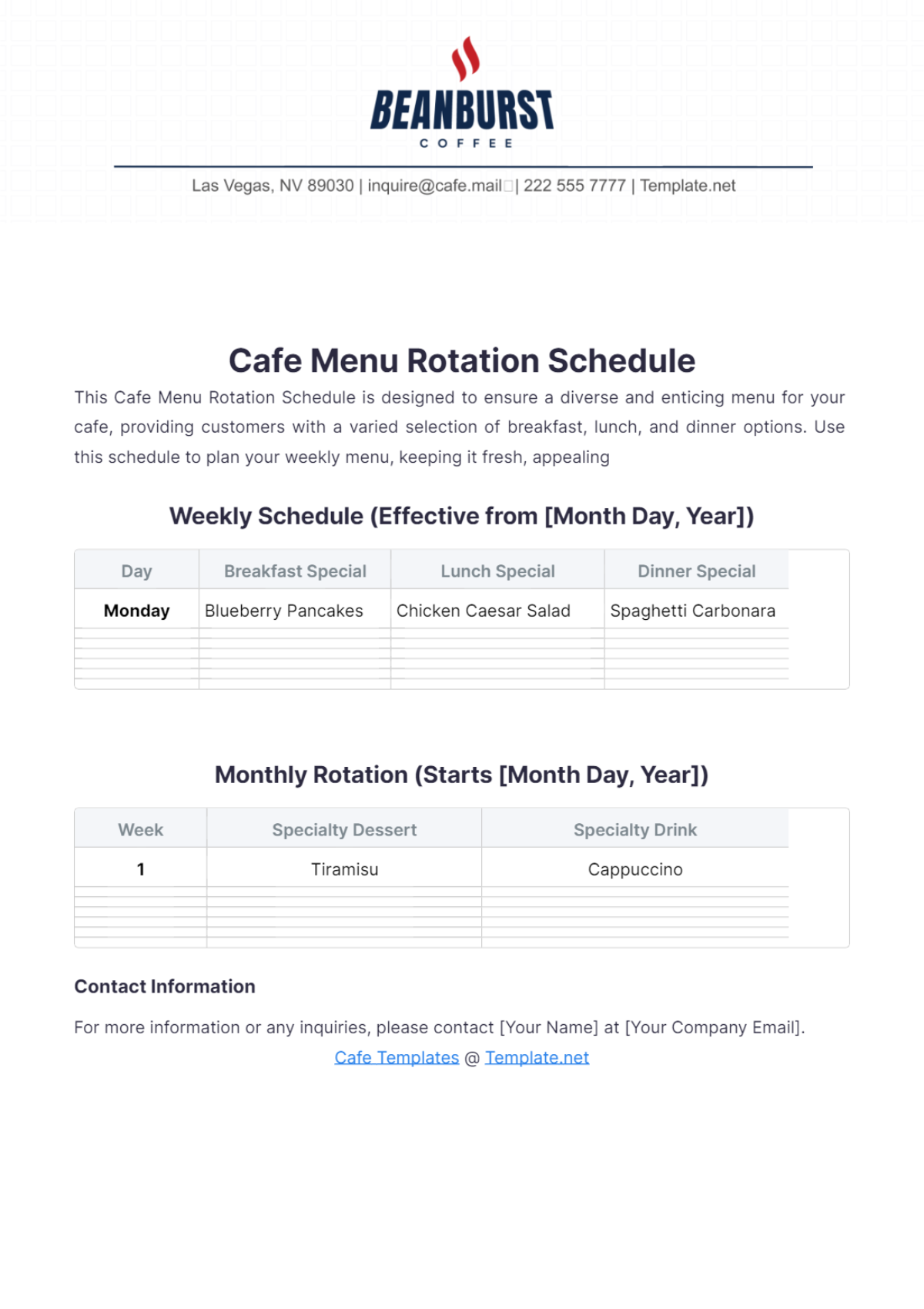 Cafe Menu Rotation Schedule Template - Edit Online & Download