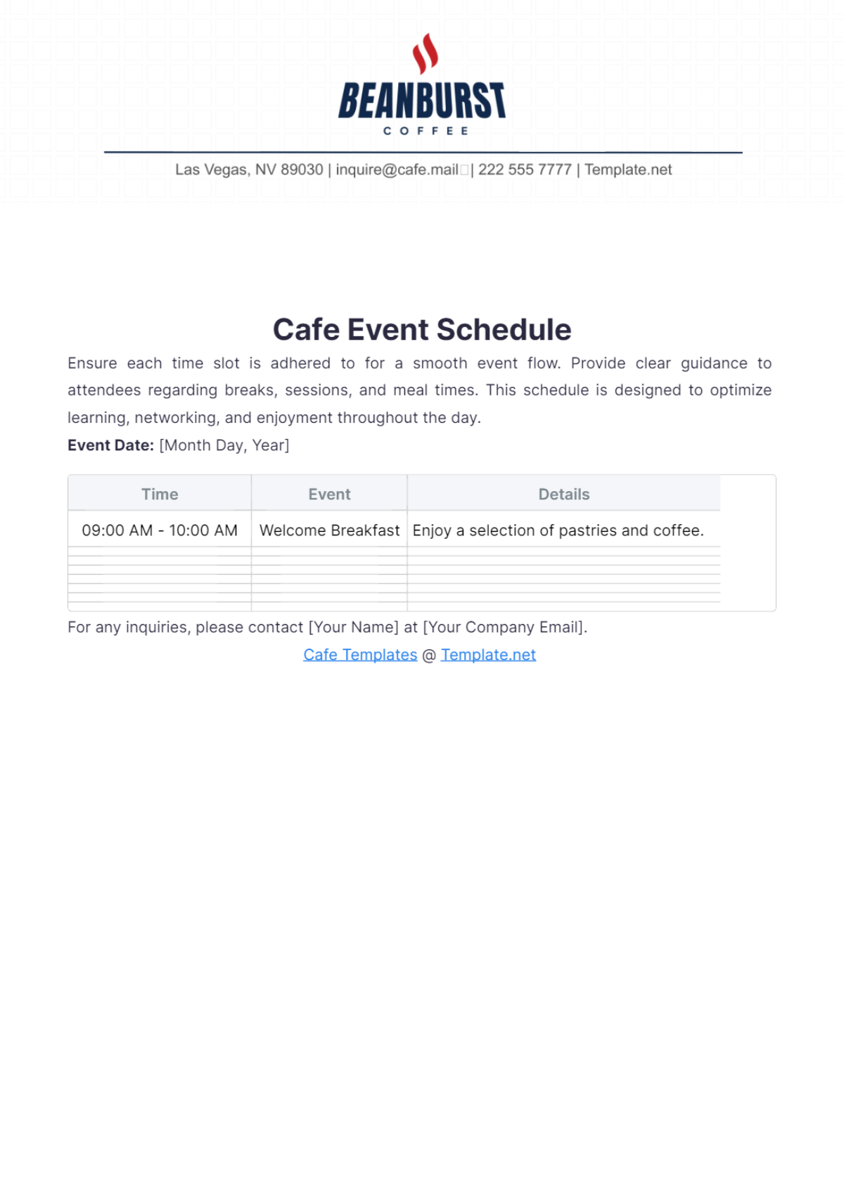 Cafe Event Schedule Template - Edit Online & Download