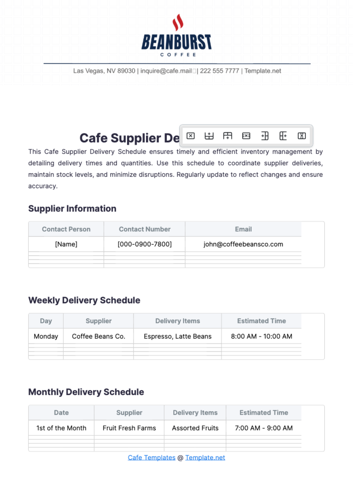 Cafe Supplier Delivery Schedule Template - Edit Online & Download