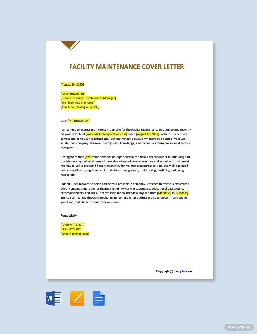 Facility Maintenance Cover Letter in Word, Google Docs, PDF, Apple Pages