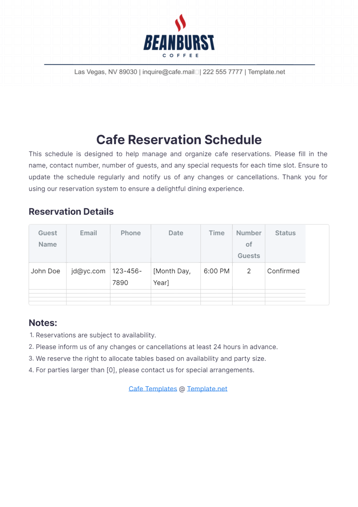 Cafe Reservation Schedule Template - Edit Online & Download