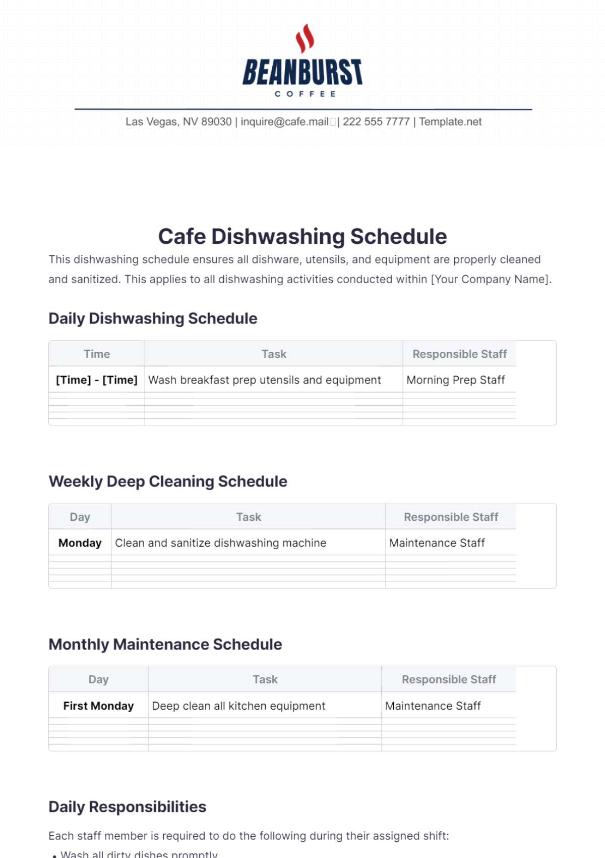 Cafe Dishwashing Schedule Template - Edit Online & Download