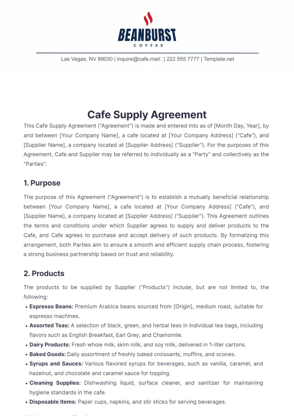 Cafe Supply Agreement Template - Edit Online & Download