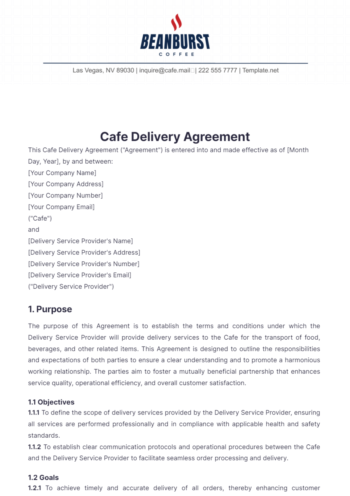 Cafe Delivery Agreement Template - Edit Online & Download