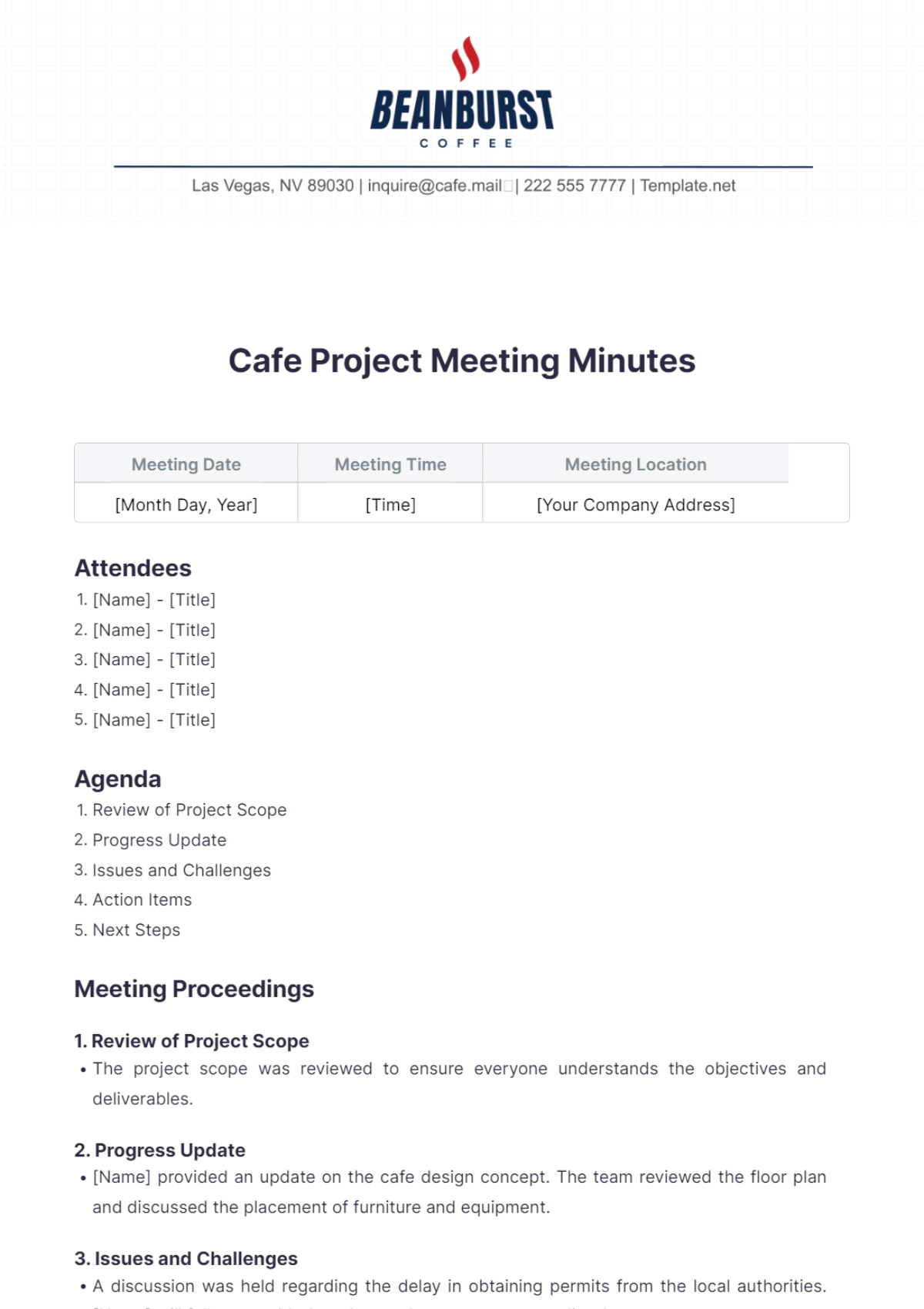 Cafe Project Meeting Minutes Template - Edit Online & Download