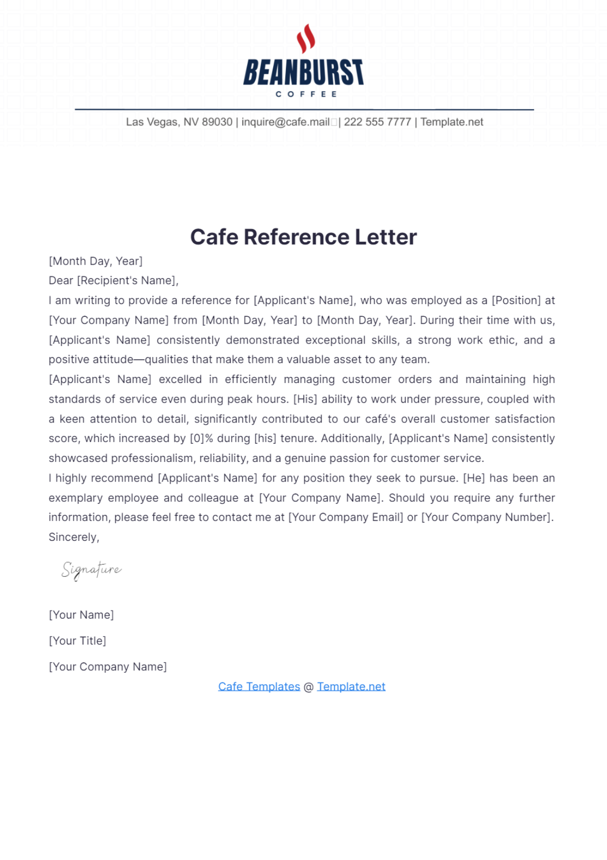 Cafe Reference Letter Template - Edit Online & Download