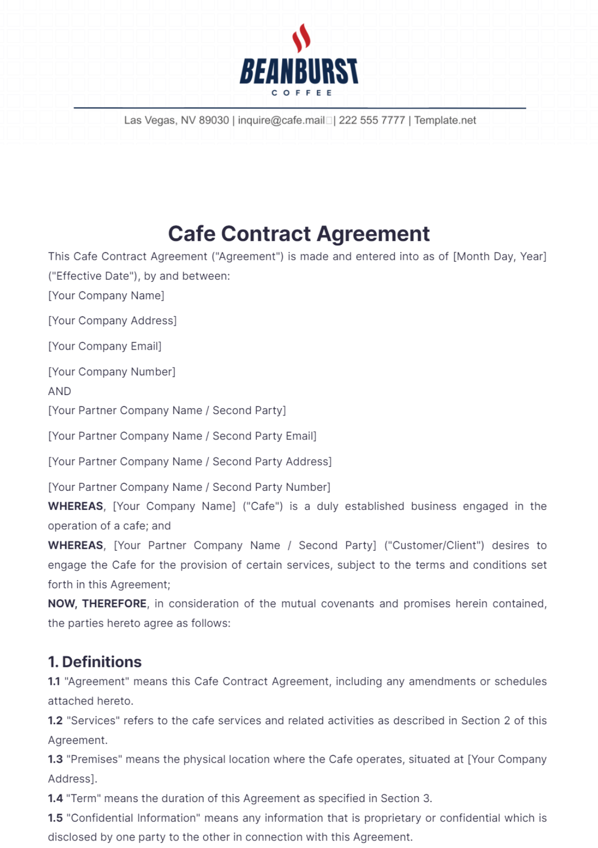 Cafe Contract Agreement Template - Edit Online & Download