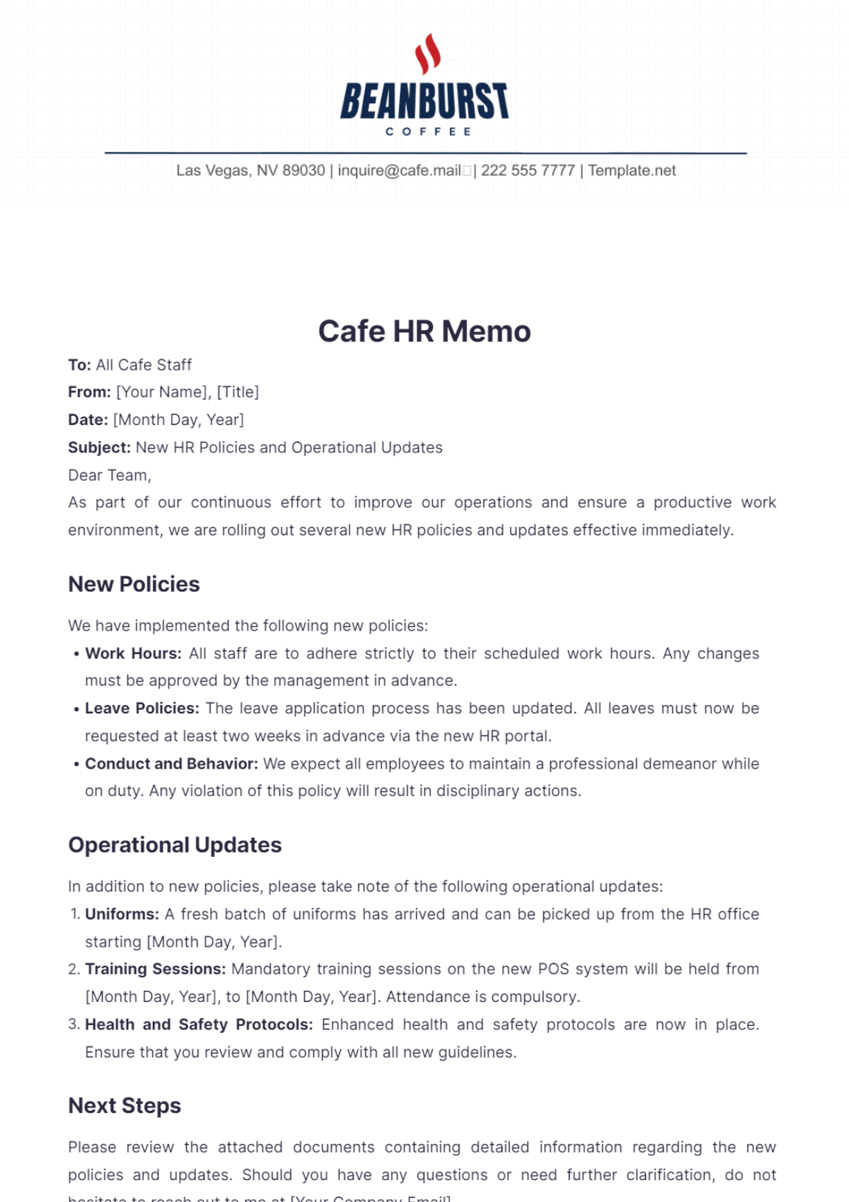 Cafe HR Memo Template - Edit Online & Download