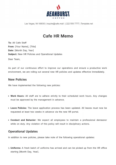 Free Cafe HR Memo Template to Edit Online