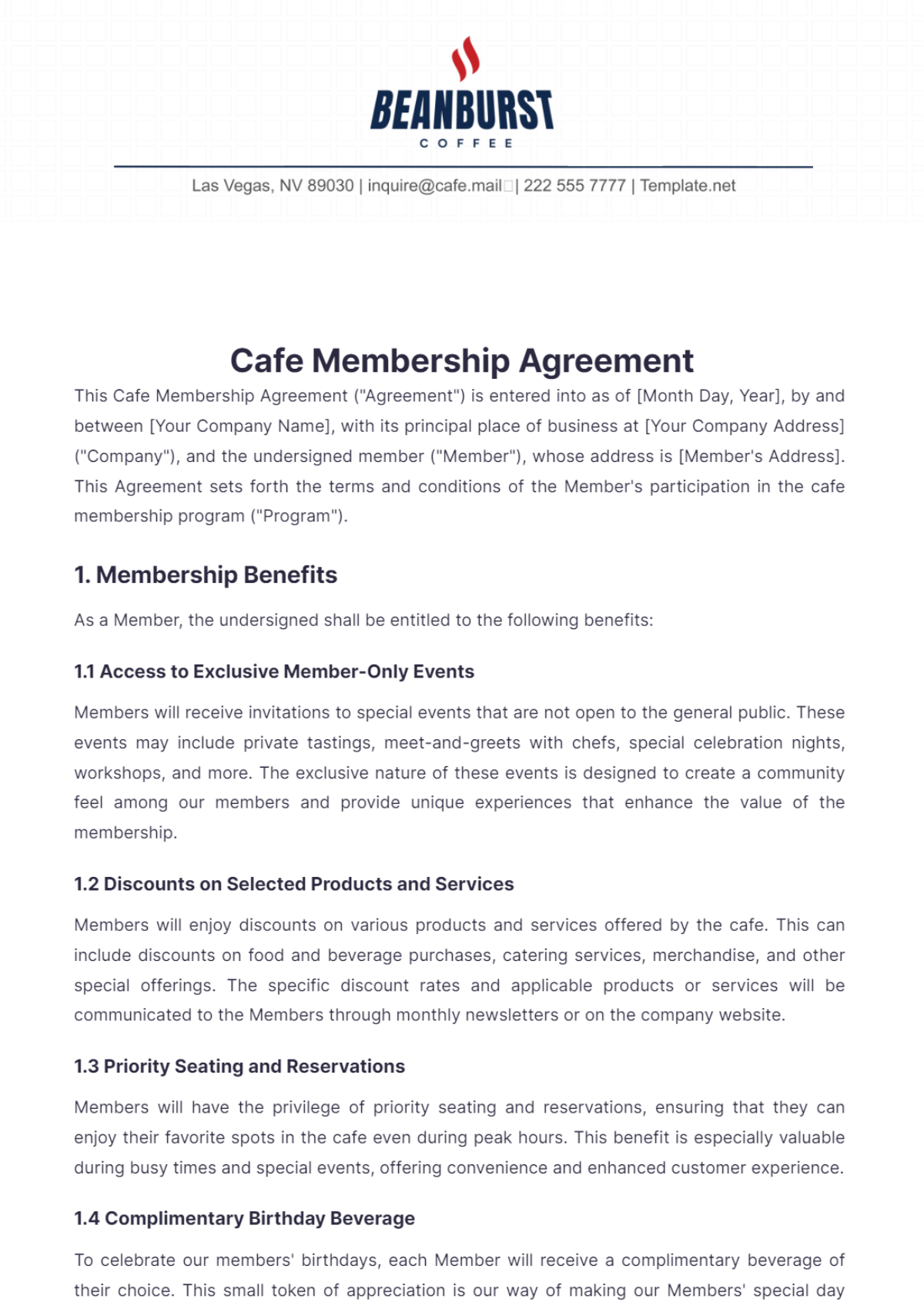 Cafe Membership Agreement Template - Edit Online & Download