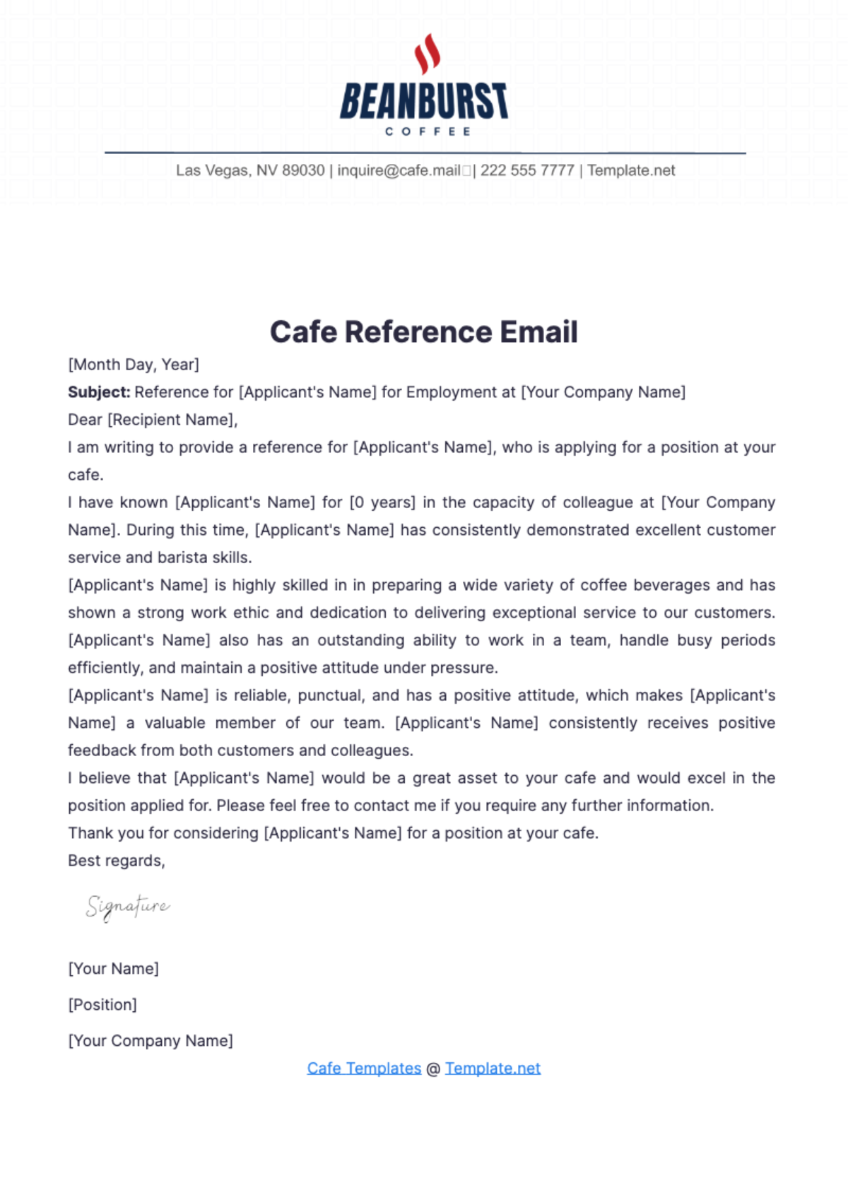 Cafe Reference Email Template - Edit Online & Download