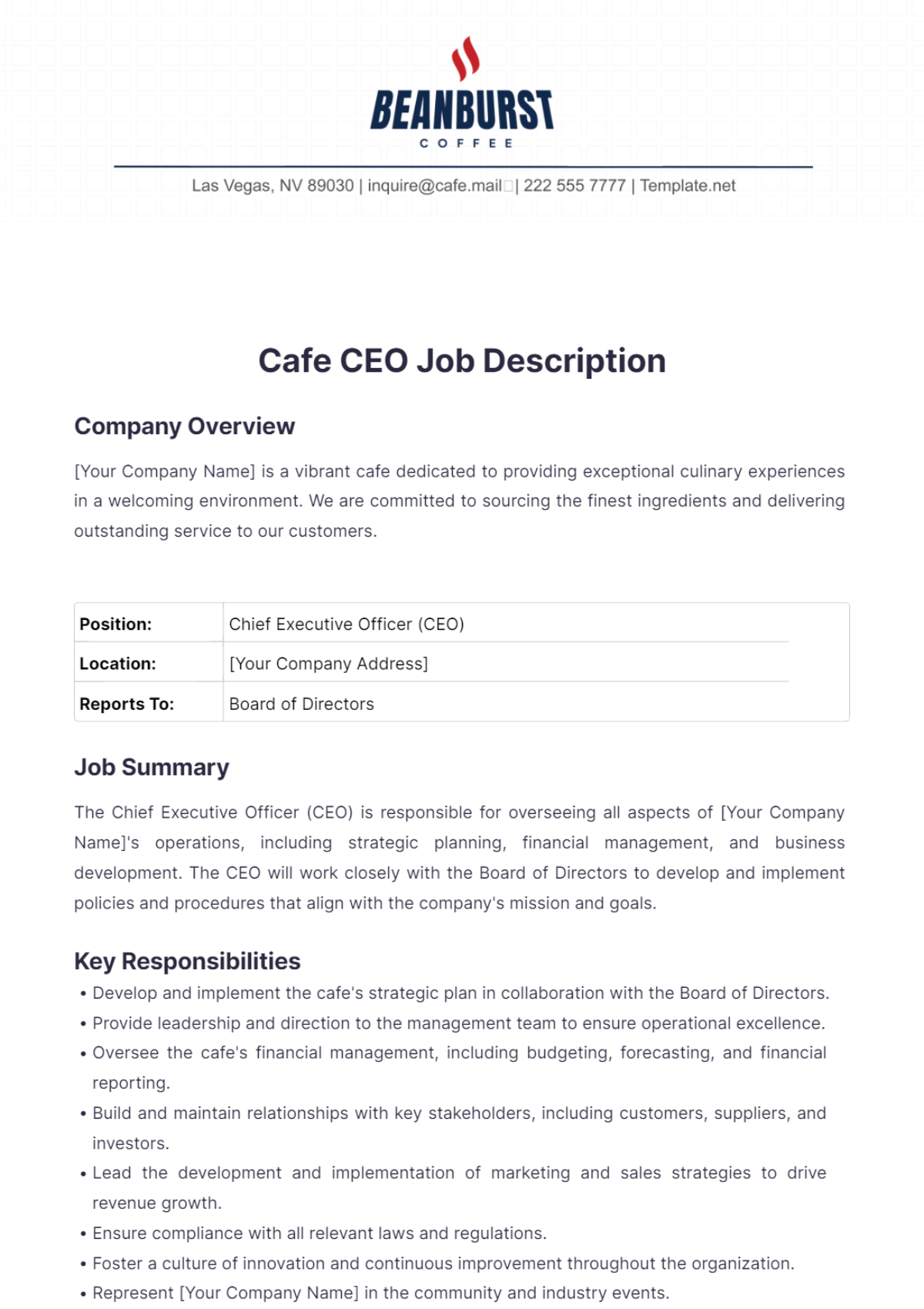 Cafe CEO Job Description Template - Edit Online & Download