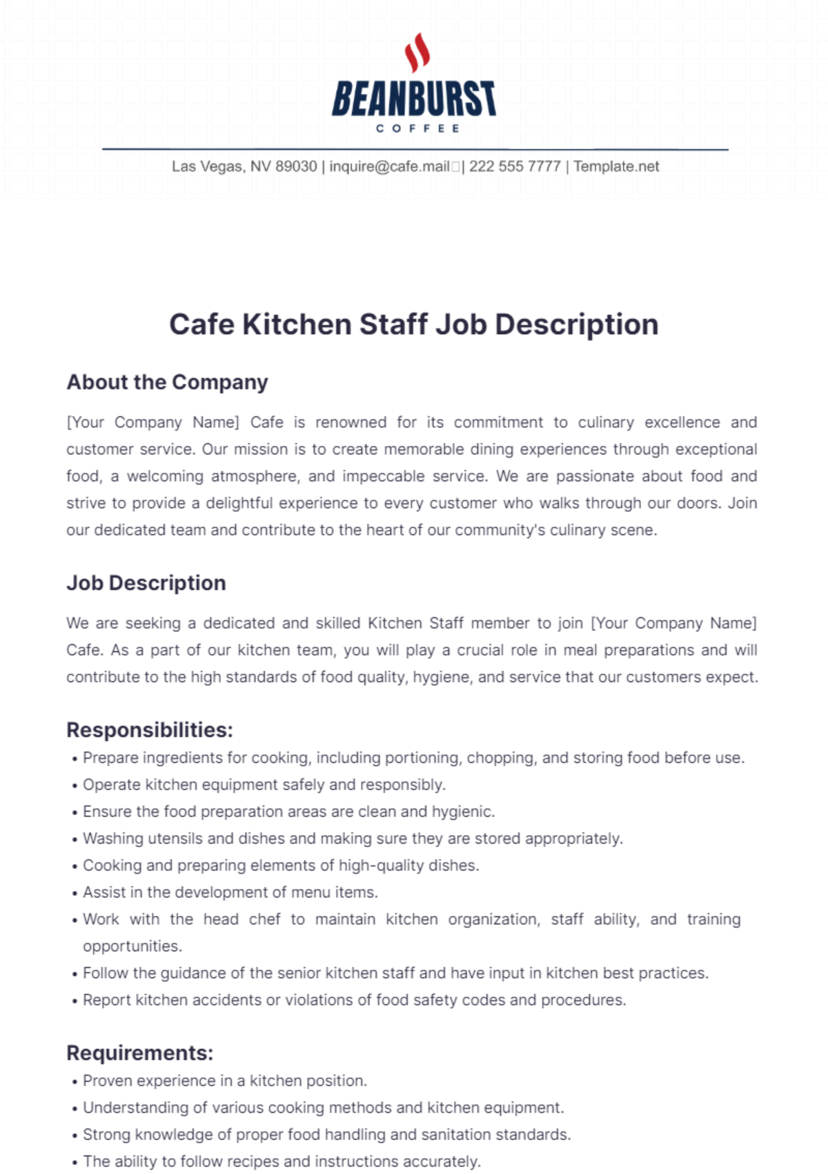 Cafe Kitchen Staff Job Description Template - Edit Online & Download