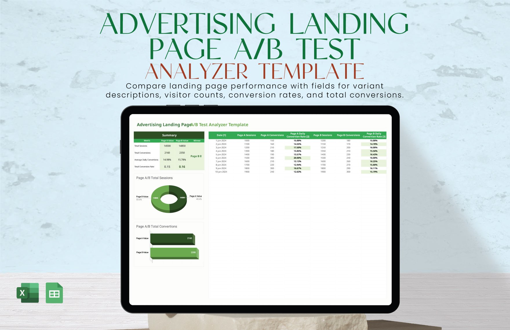 Advertising Landing Page A/B Test Analyzer Template in Excel, Google Sheets