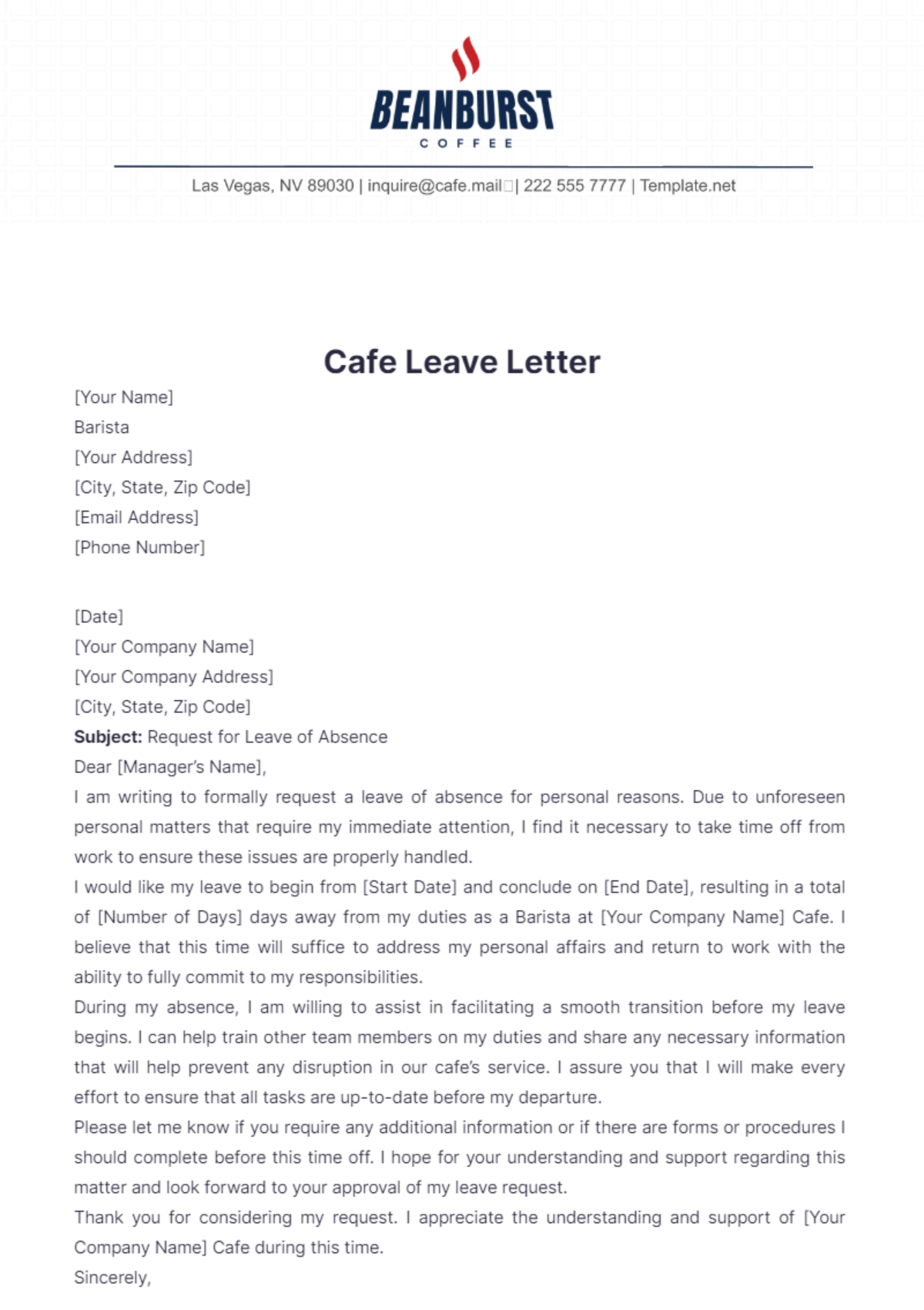 Cafe Leave Letter Template - Edit Online & Download