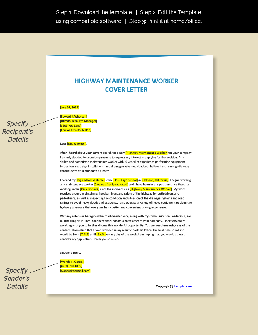 Highway Maintenance Worker Cover Letter
