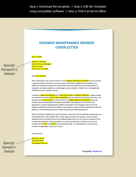 Highway Maintenance Worker Cover Letter Template