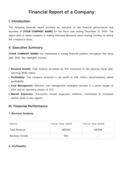Free Financial Report of a Company Template to Edit Online