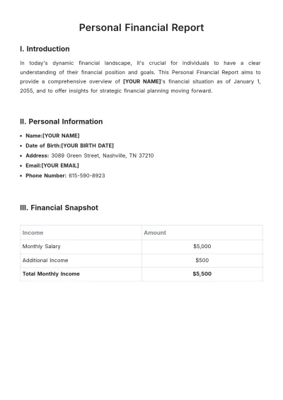 Free Personal Financial Report Template to Edit Online