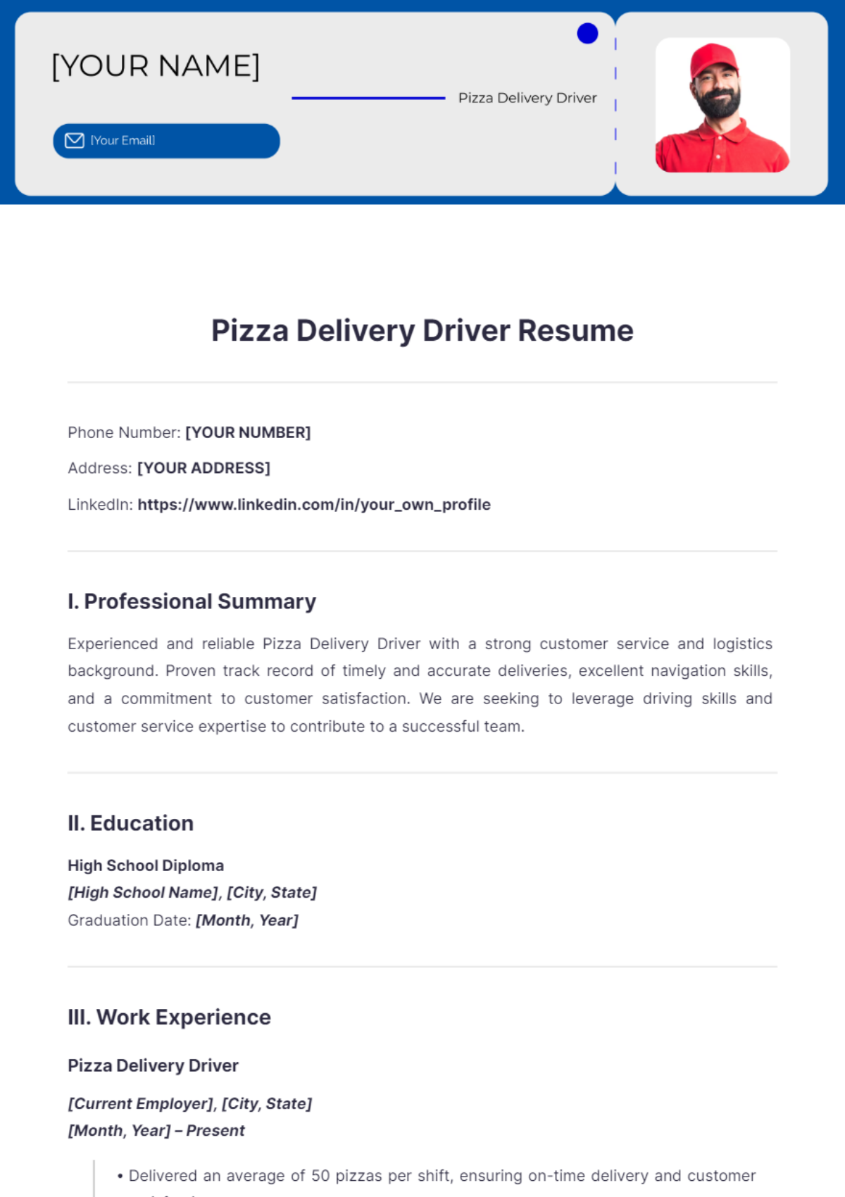 Free Pizza Delivery Driver Resume Template - Edit Online & Download ...