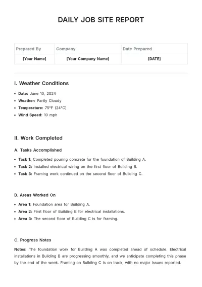 Free Daily Job Site Report Template to Edit Online