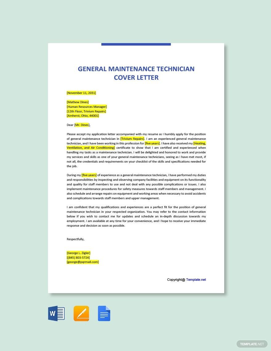 General Maintenance Technician Cover Letter