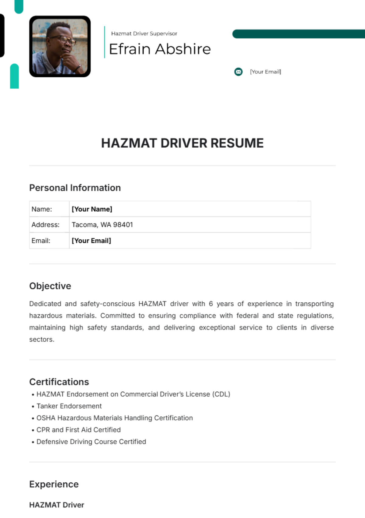 Hazmat Driver Resume Template - Edit Online & Download