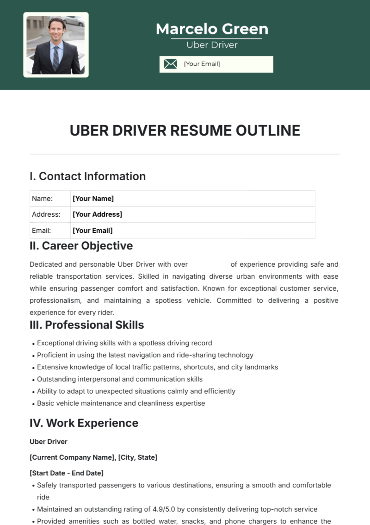 Uber Driver Resume Outline Template - Edit Online & Download