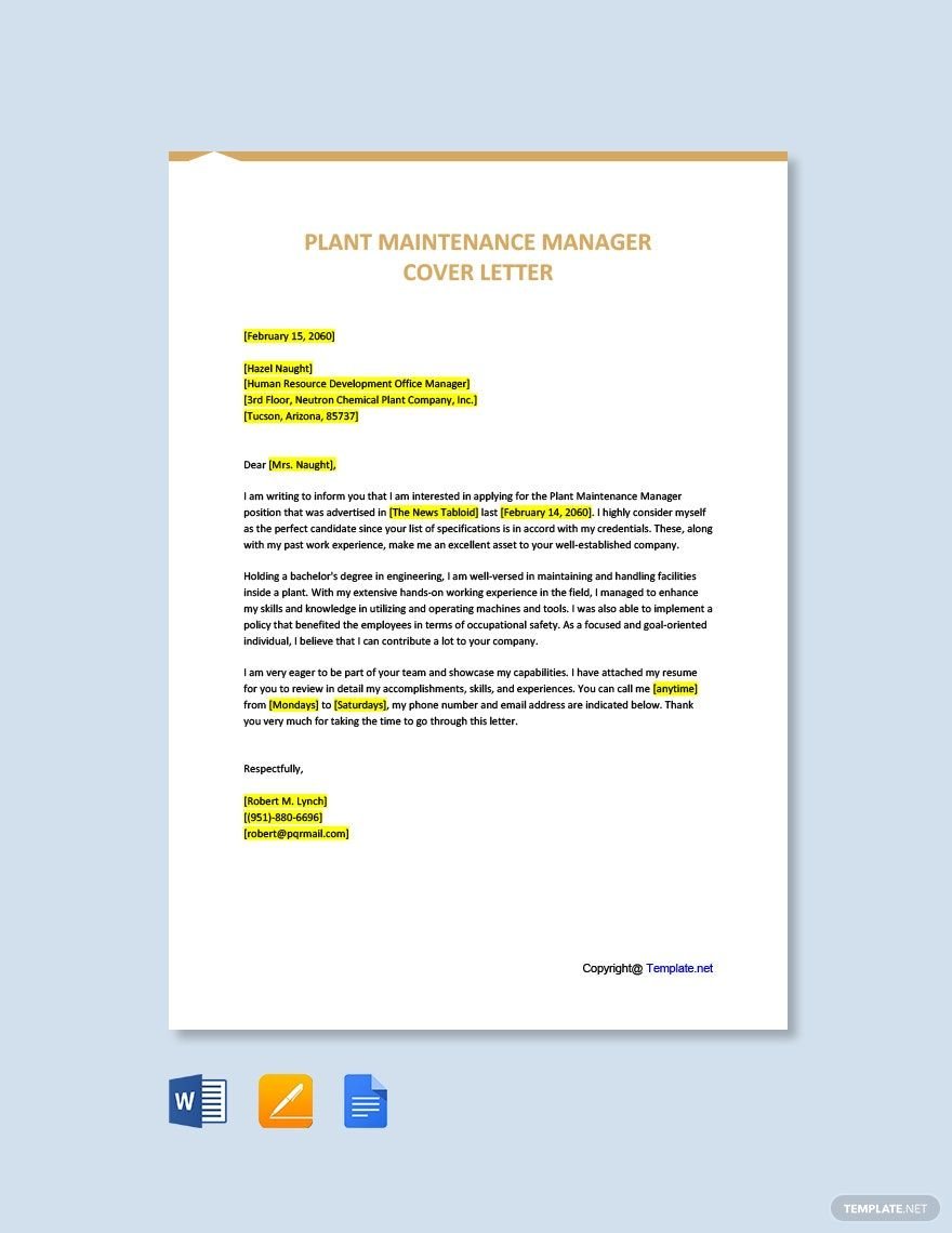 Plant Maintenance Manager Cover Letter