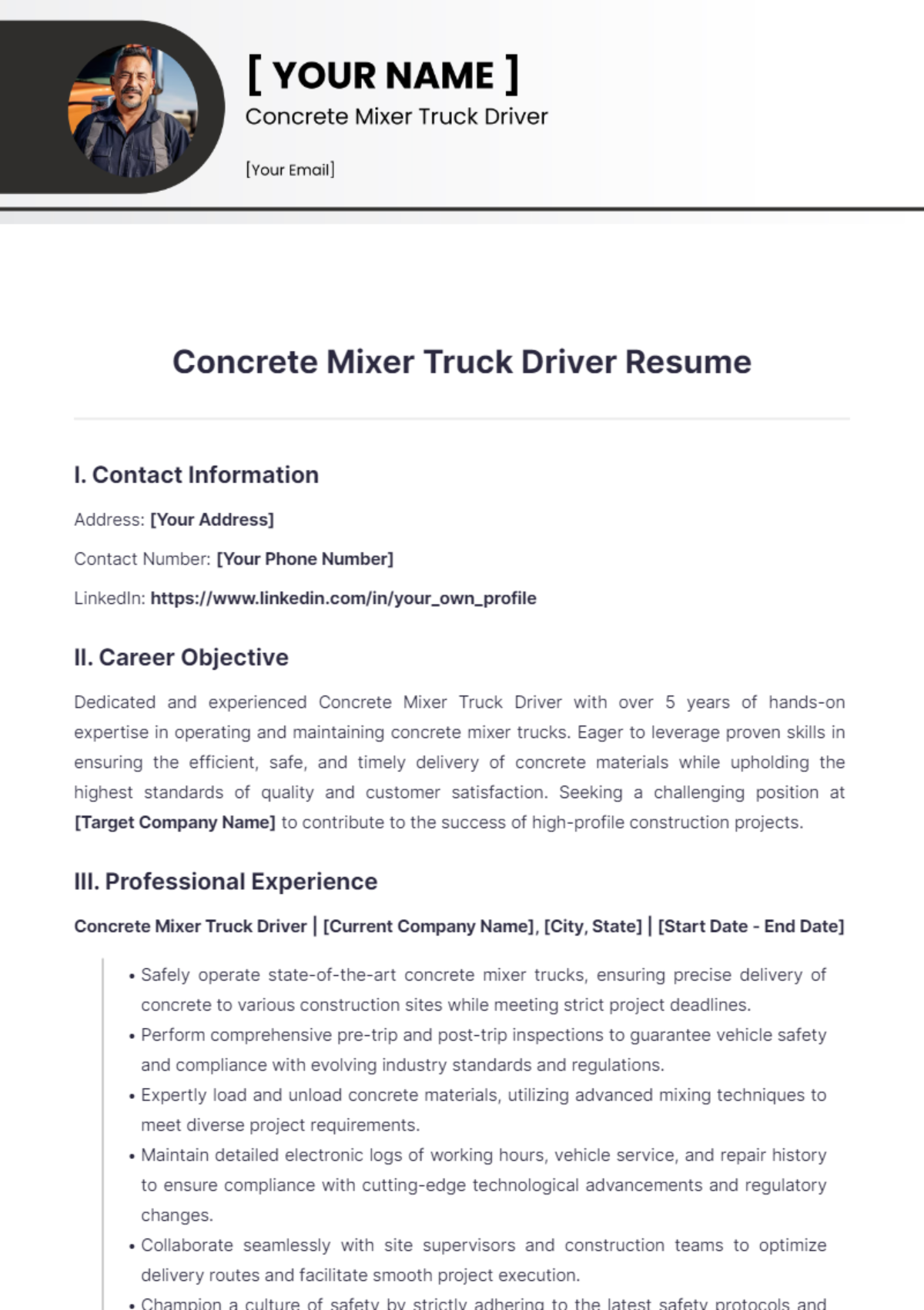 Concrete Mixer Truck Driver Resume