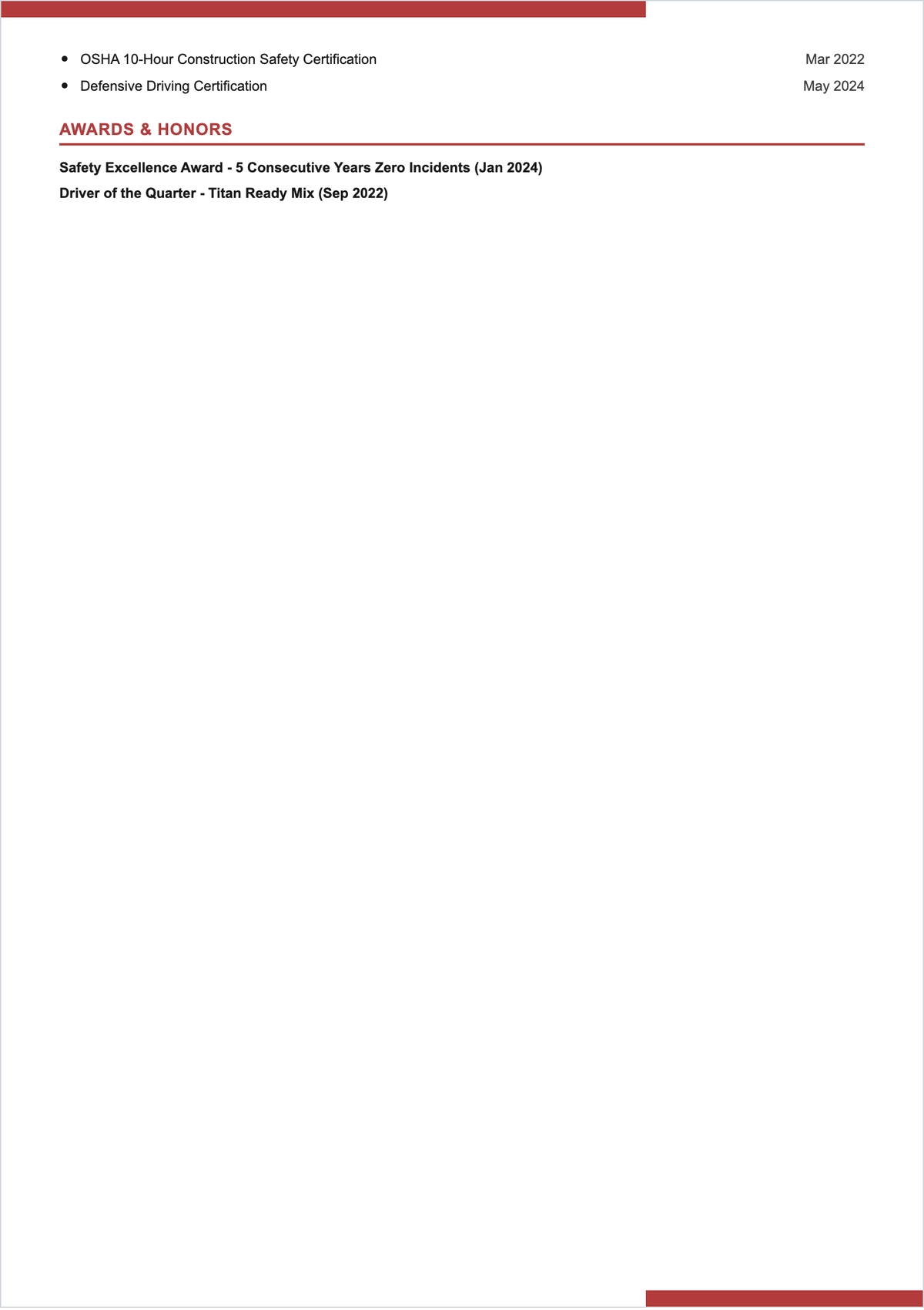 Free Concrete Mixer Truck Driver ATS Resume Template