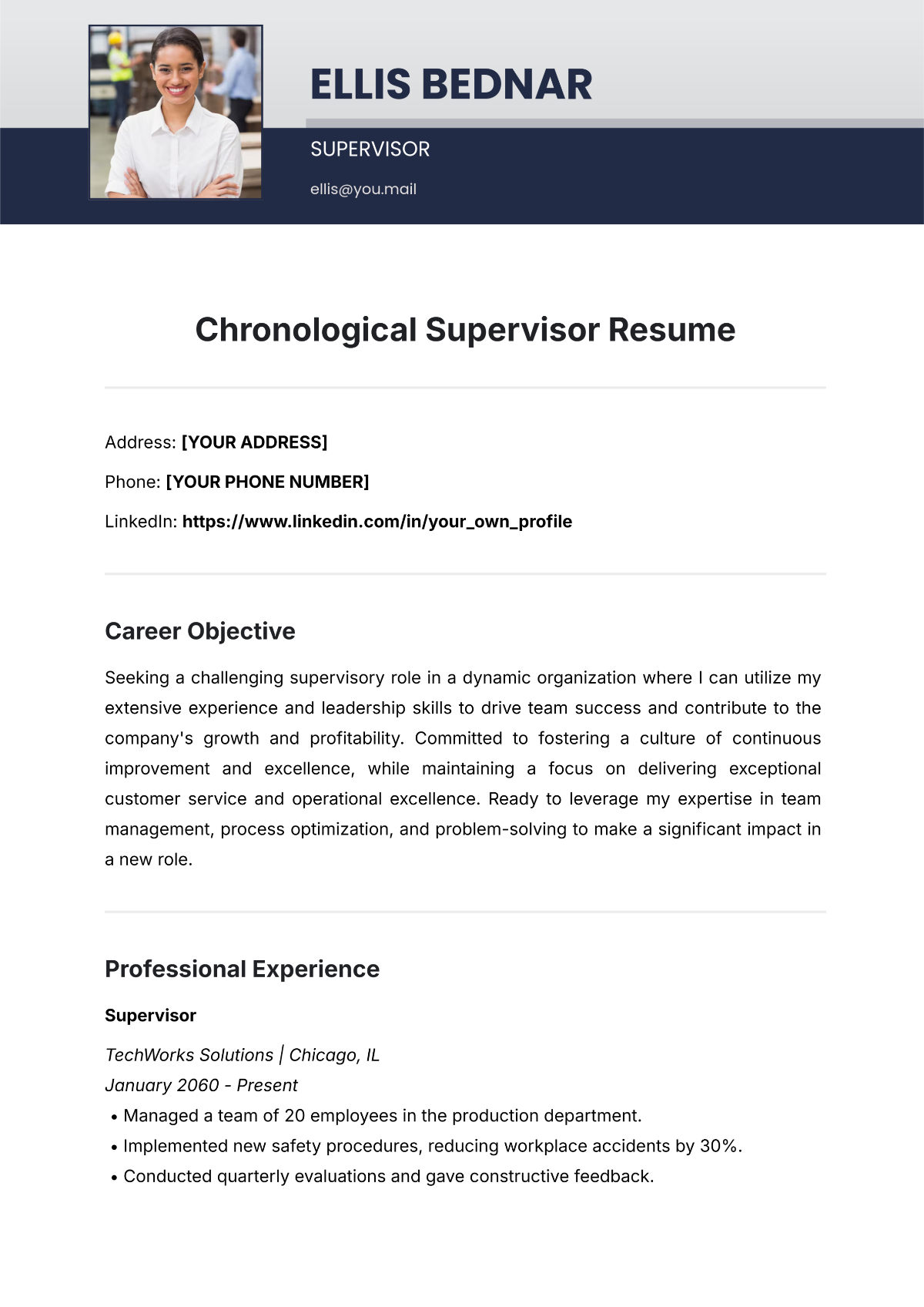 Free Chronological Supervisor Resume Template