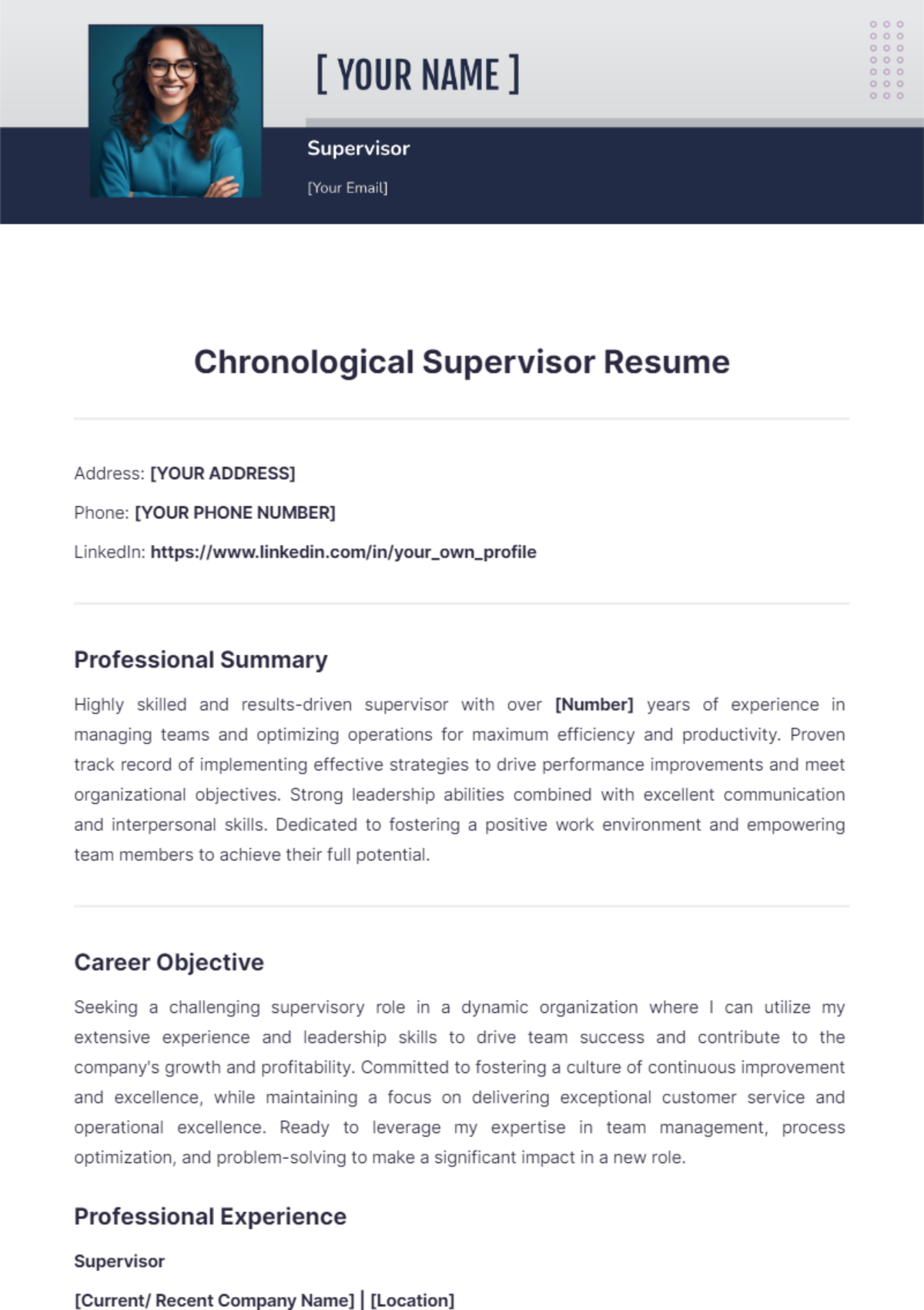 Chronological Supervisor Resume - Edit Online & Download