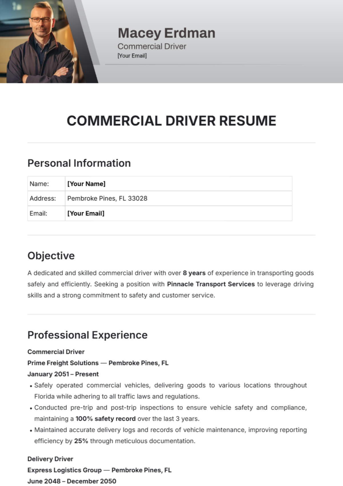 Commercial Driver Resume Template - Edit Online & Download