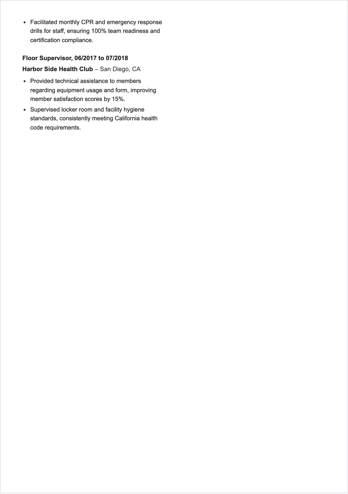 Free Gym Supervisor ATS Resume Template, AI Resume Builder