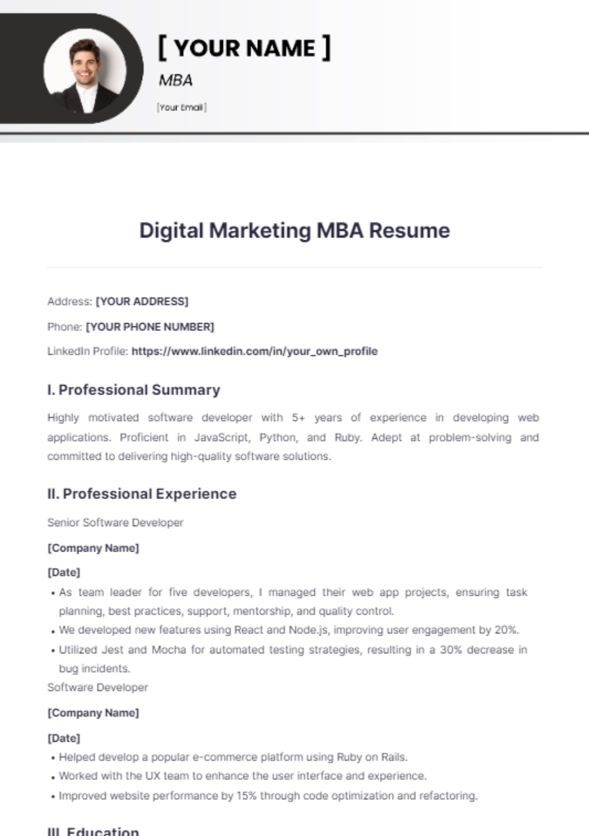 Digital Marketing MBA Resume - Edit Online & Download