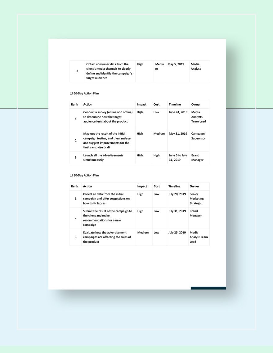 30 60 90 day plan template for new employees