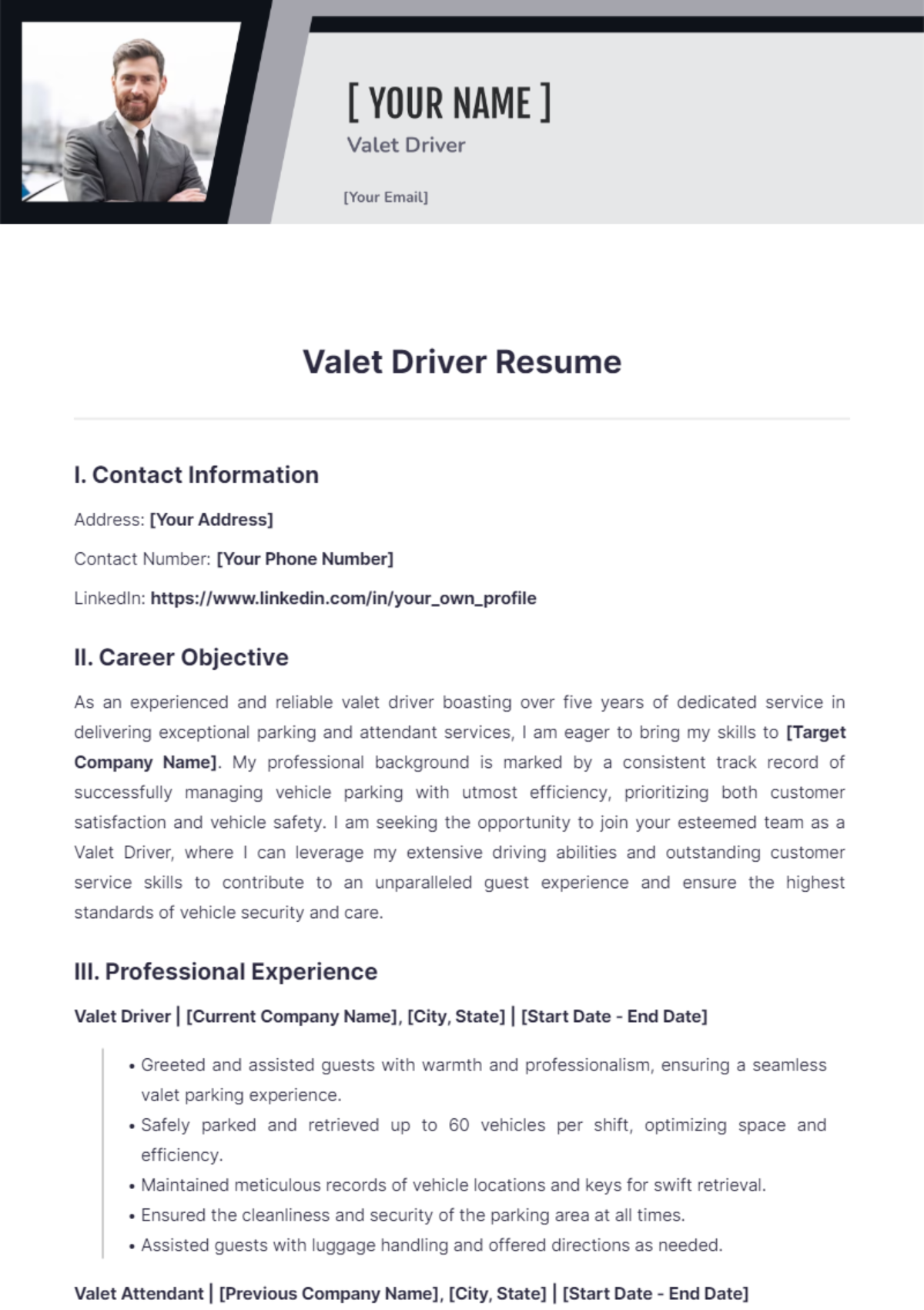 Valet Driver Resume