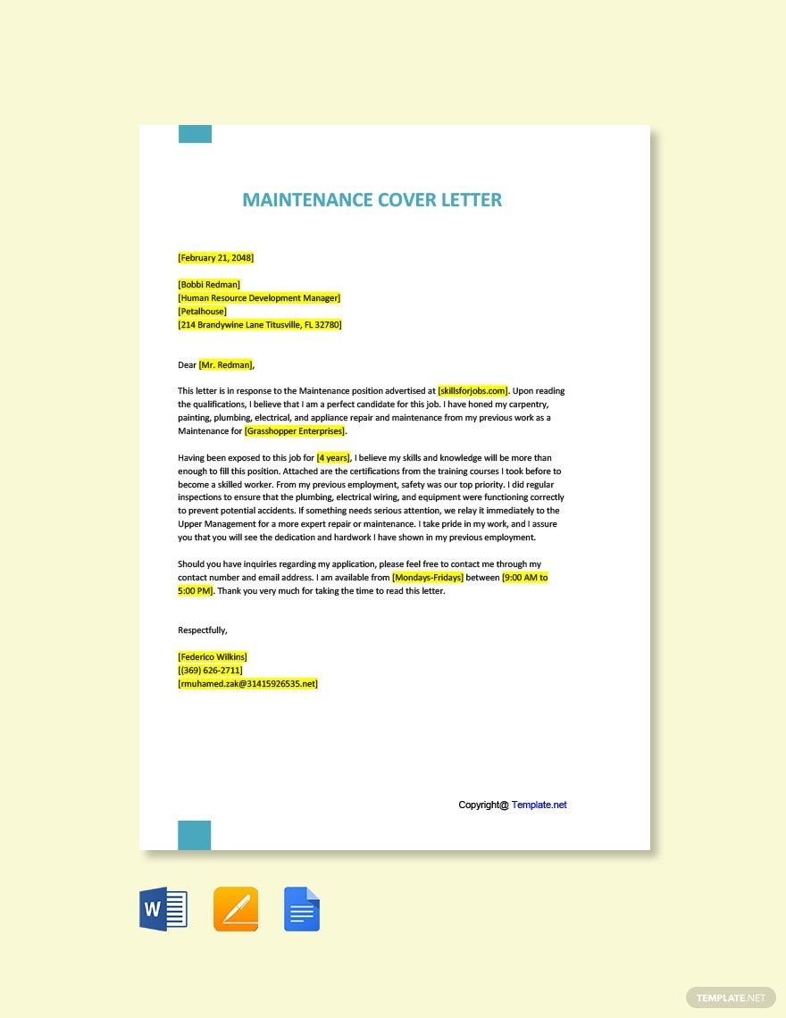 Maintenance Cover Letter in Word, Google Docs, PDF