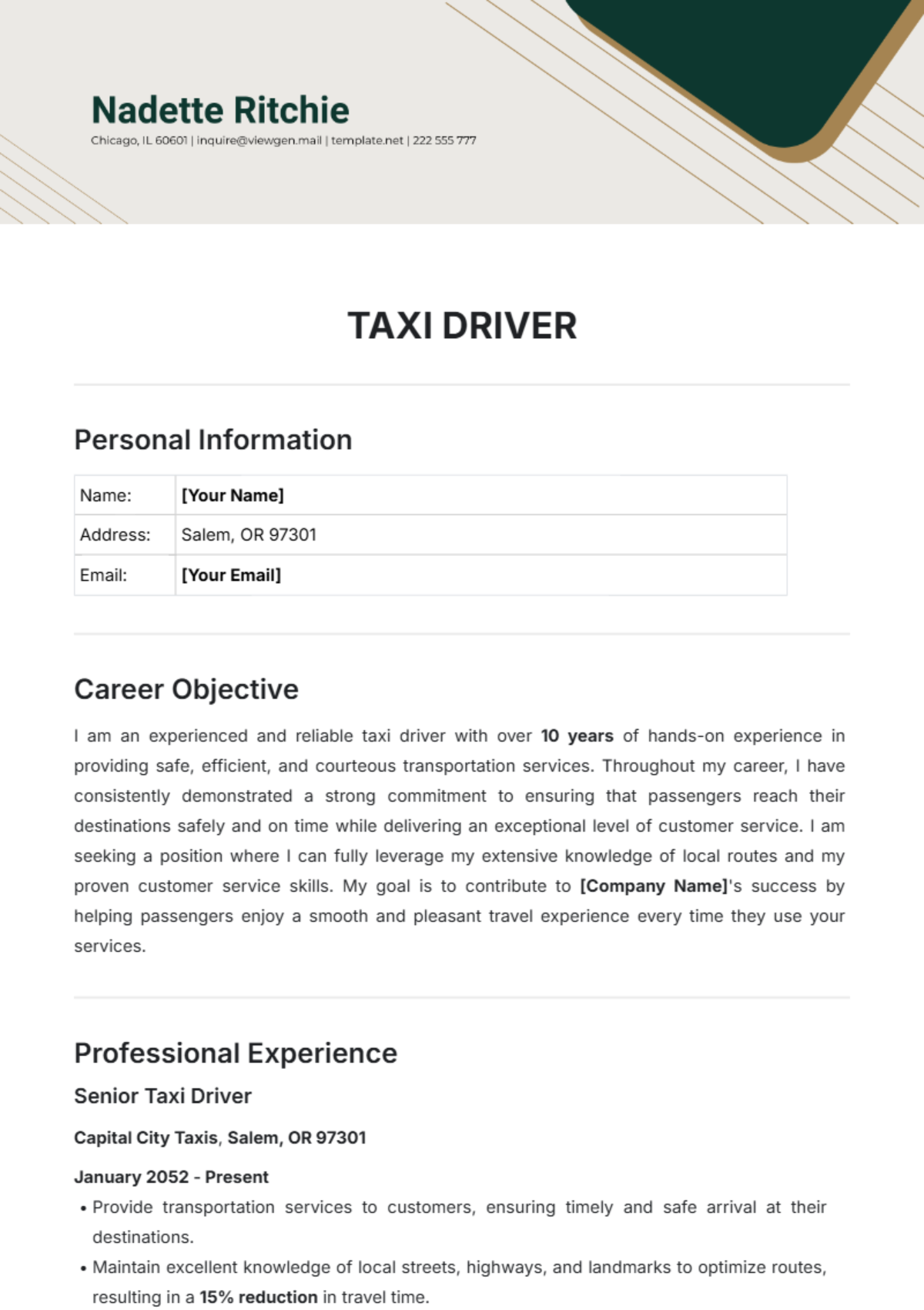 Taxi Driver Resume Template - Edit Online & Download