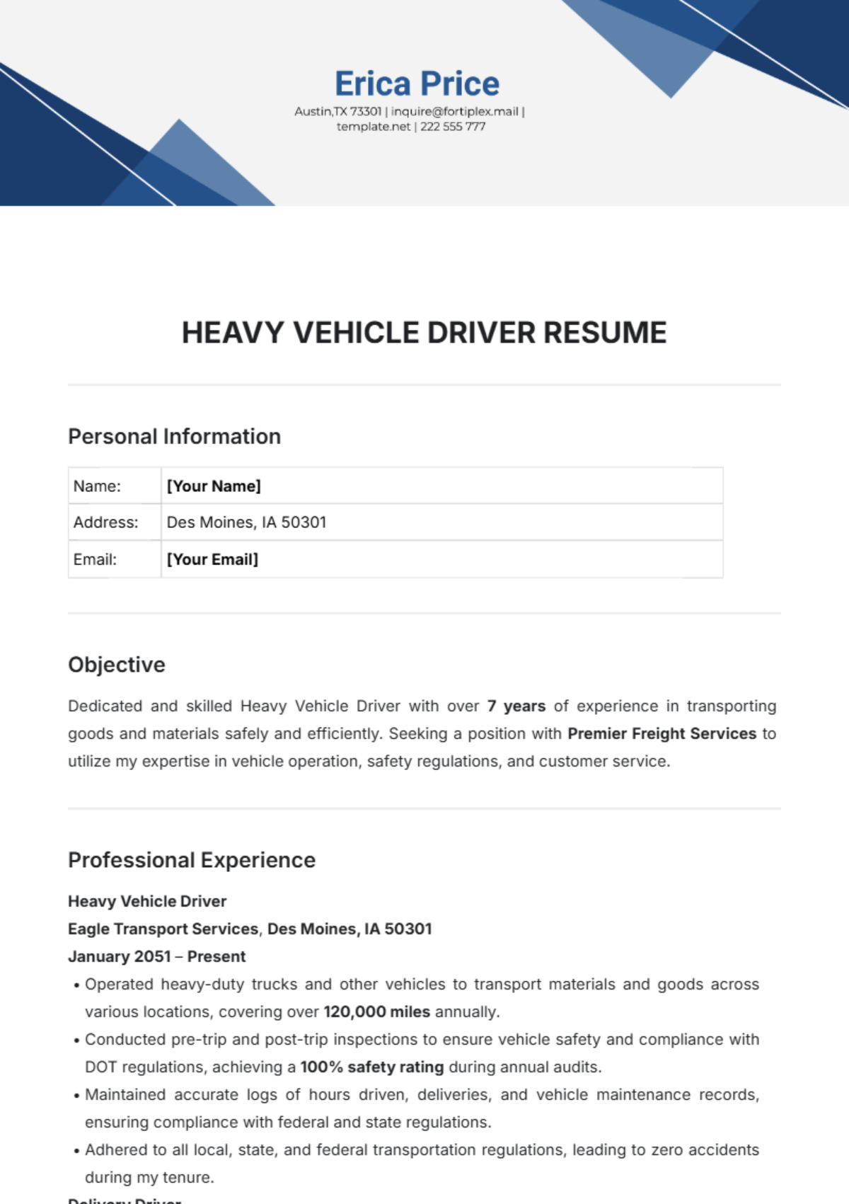 Heavy Vehicle Driver Resume Template - Edit Online & Download