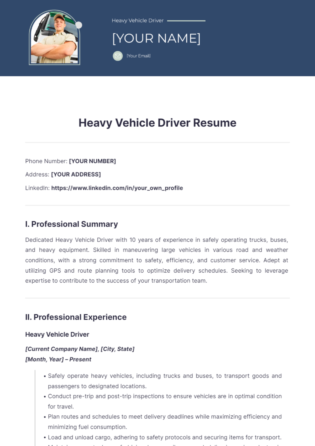 Heavy Vehicle Driver Resume