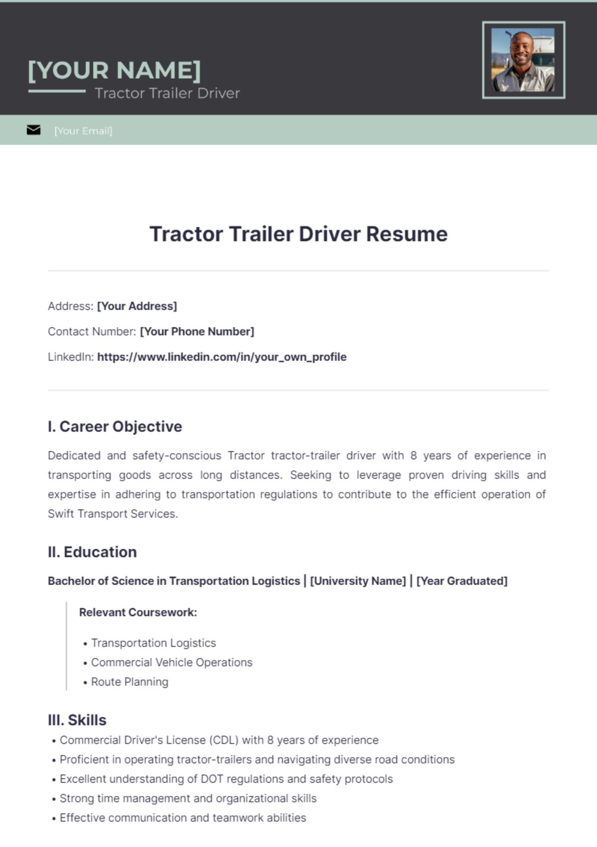 Tractor Trailer Driver Resume