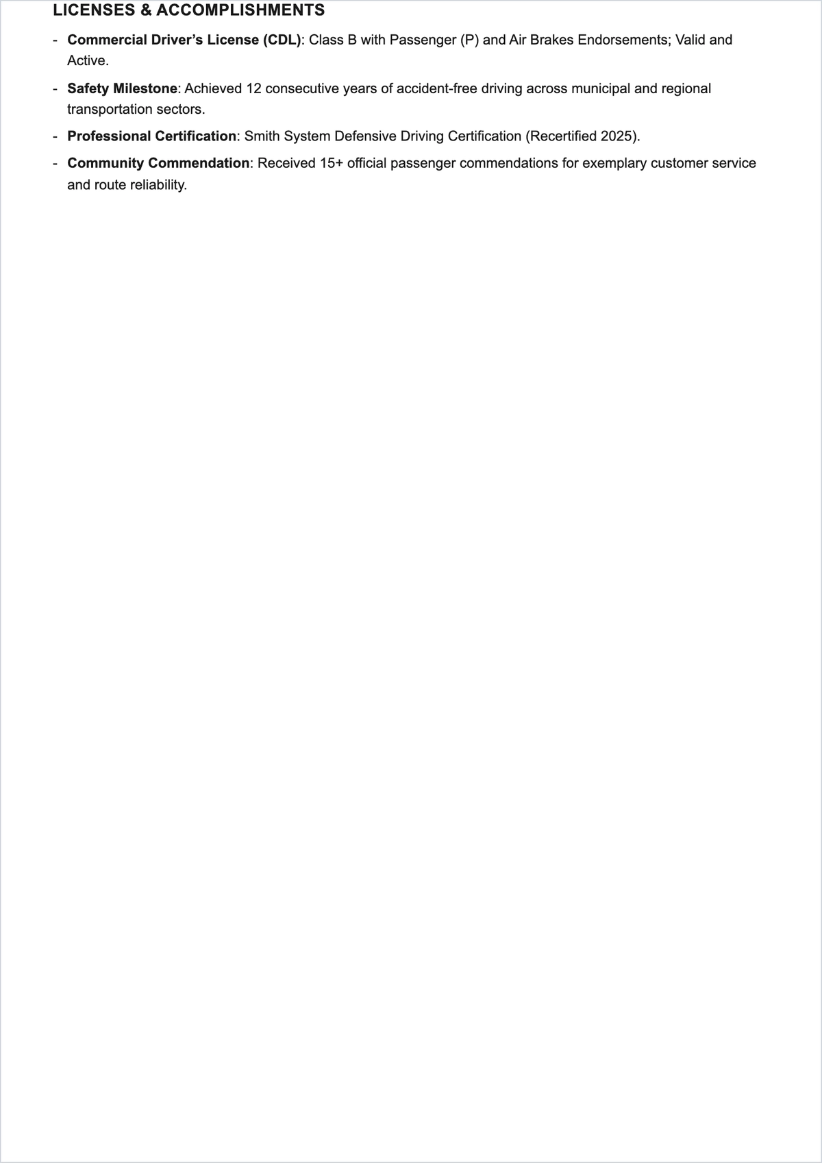 Free Transit Bus Driver ATS Resume Template, AI Resume Builder