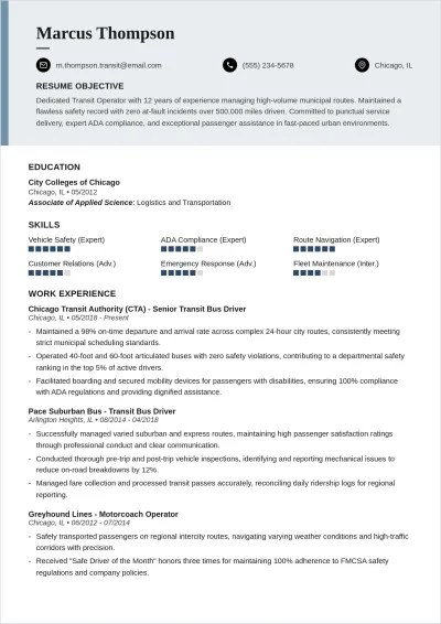 Free Transit Bus Driver ATS Resume Template, AI Resume Builder